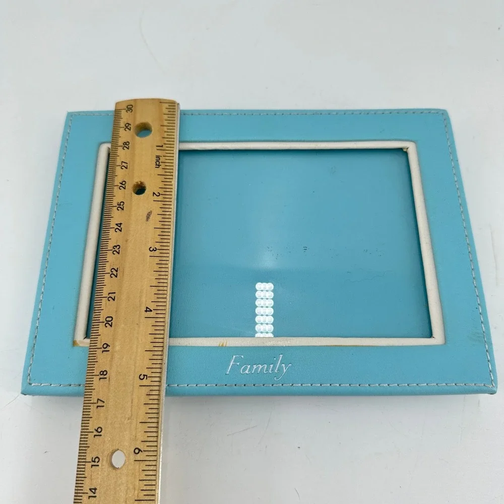 Sola Turquoise Blue Leather Family Picture Frame with White Border Stitched